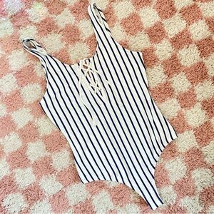 Nautical Striped Lace Up Bust Tank Top Bodysuit Sz M